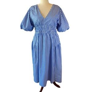 Old Navy Blue White Bold Stripes V Neck Smocked Waist Tiered Midi Dress XL